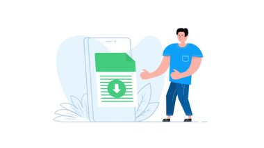 Basit krom anahtarlama için beyaz ve yeşil ekran arkaplanı varyasyonları olan akıllı telefondan dosya indiren bir adamın canlandırması