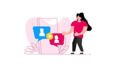 Animasyon kadın akıllı telefondan görüntülü konuşma sunuyor, beyaz ve yeşil ekran arka planında