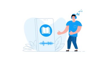 Beyaz ve yeşil ekran arka planında akıllı telefondan sesli kitap dinleyen bir adamın animasyonu