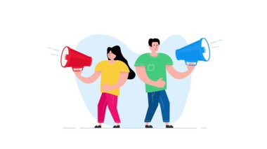 Megafon tutan animasyon karakterleri, beyaz ve krom anahtar arka planlar üzerinde iletilen mesajlar