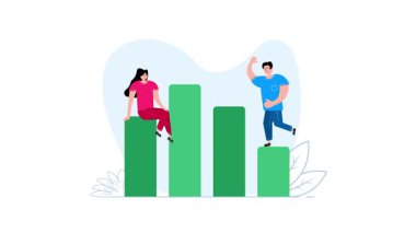 Büyüyen bar tablosunun başarısını kutlayan iş adamları, beyaz ve mavi arka planda izole edilmiş.