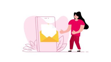 Akıllı telefondan e-posta bildirimi alan canlandırılmış kadın, beyaz ve yeşil ekran arka planı ile kullanılabilir