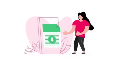 Beyaz ve yeşil ekran arkaplanlarında akıllı telefondan dosya indiren bir kadının canlandırması