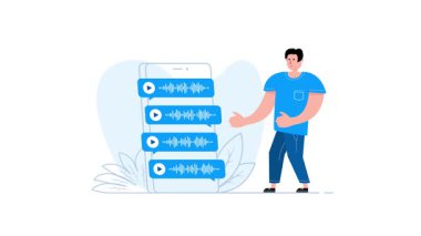 Akıllı telefonda ses ve sesli mesajlar sunan bir adamın canlandırması, çeşitli projelere kolay entegrasyon için yeşil ekran seçeneği ile