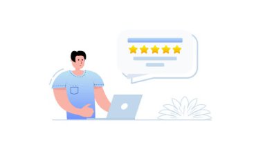 Beyaz ve yeşil ekran arkaplanı hakkında beş yıldızlı geribildirim veren bir müşterinin çizgi film canlandırması