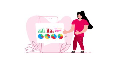 İş kadını akıllı telefondan gösterilen grafiklere ve grafiklere işaret ediyor, beyaz arka planda ve yeşil ekranda izole edilmiş.