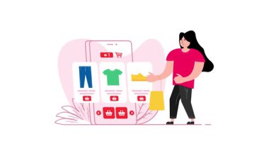 Akıllı telefon uygulaması kullanarak online alışveriş yapan bir kadının canlandırması, kolay bileşim için yeşil ekran arka planı da içeren varyasyonlar