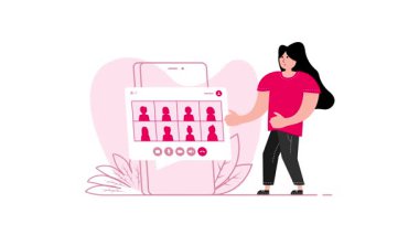 Çevrimiçi toplantıya katılan canlı bir kadın akıllı telefondaki video çağrı uygulamasını kullanıyor, beyaz ve yeşil ekranda izole edilmiş.