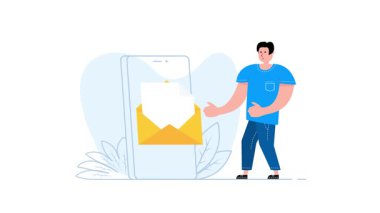 Beyaz ve yeşil ekran arka planında akıllı telefondan e- posta bildirimi gösteren bir adam canlandırması