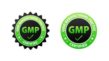 GMP, Good Manufacturing Practice, certified green stamp animation on a white and blue background