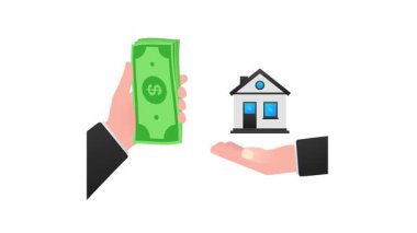 Illustrated hands completing a real estate transaction on white and green screen backgrounds