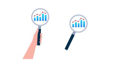Animated hand holding magnifying glass analyzing business data on white background and green screen