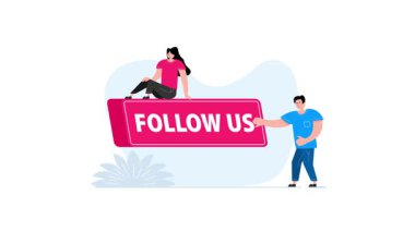 Social media animation with people holding a Follow Us button on white and green backgrounds
