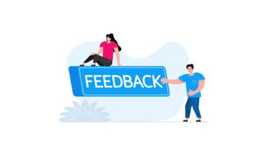 Animated people presenting a feedback button for customer reviews and testimonials