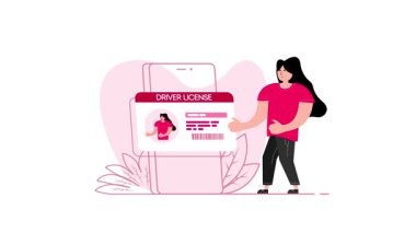 Young woman showing a digital driver license on a phone, with a green screen option for keying