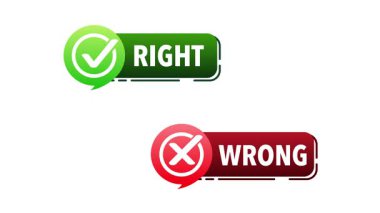 Right and wrong choice buttons with check and cross icons isolated on white and green screen