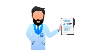 Animated male doctor holding a clipboard with a medical consent form on a white and green background