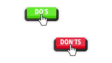 Animated buttons with dos and donts text being clicked by a cursor on a white and blue background