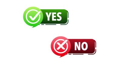 Yes and no pop up buttons with check and cross marks isolated on white and green screen background