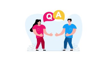 Man and woman talking with Q and A speech bubbles appearing, on white and green screen backgrounds