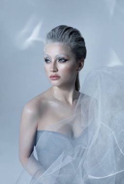 Kar Kraliçesi 'nin yakın plan portresi. Makyaj, güzel donmuş kadın.