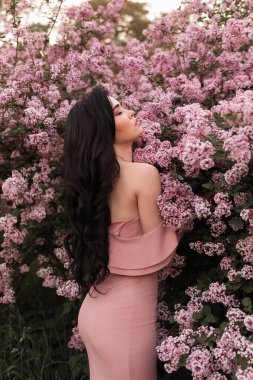 Leylak ağaçlarının önünde duran pembe elbiseli güzel bayan. Aromaterapi ve bahar konsepti. Çiçek açmış şık bir moda kadını. Çiçekli botanik bahçesi.