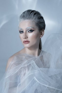 Kar Kraliçesi 'nin yakın plan portresi. Makyaj, güzel donmuş kadın.