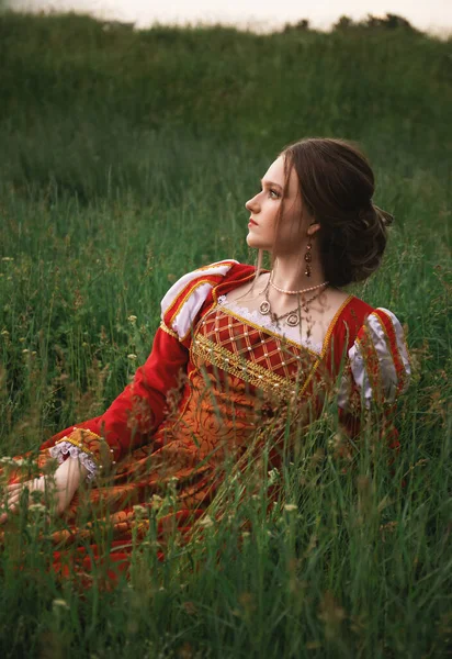 Портрет Фантазии Средневековой Принцессы Винтажном Красном Платье Женщина Сидит Траве — стоковое фото