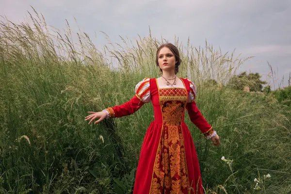 Retrato Fantasia Princesa Menina Medieval Vestido Vermelho Vintage Mulher Campo — Fotografia de Stock
