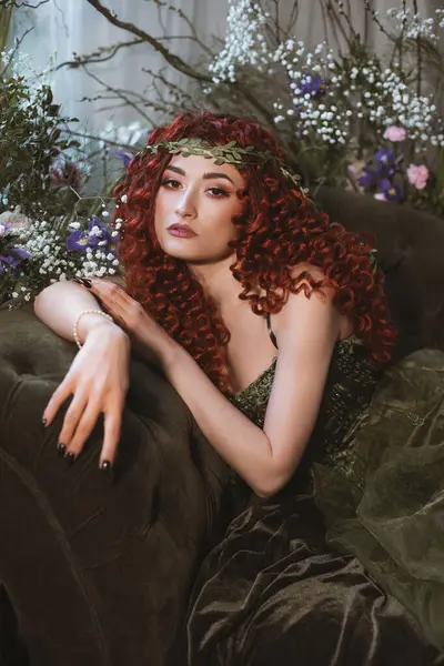 Kanepede Oturan Çelenkli Fantezi Kadın Bahar Çiçekleriyle Süslenmiş Bir Oda — Stok fotoğraf