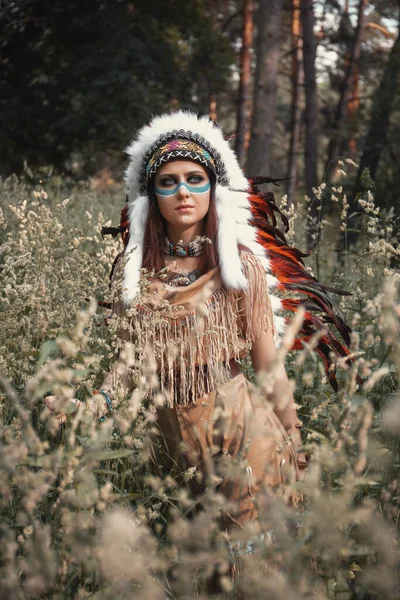 Krásná Indická Žena Švábu Šaty Třásněmi Make Tváři Stojí Lese — Stock fotografie