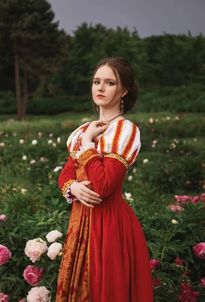 Retrato Fantasia Princesa Menina Medieval Vestido Vermelho Vintage Uma Mulher — Fotografia de Stock