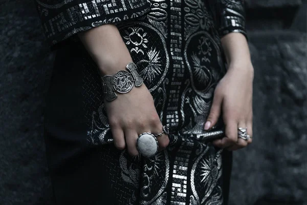 Beautiful Warrior Princess Armor Hands Rings Bracelet Close — Stock Photo, Image