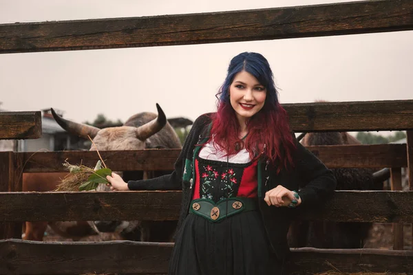 Mooie Jonge Vrouw Met Violet Haar Een Traditioneel Bavariaans Kostuum — Stockfoto
