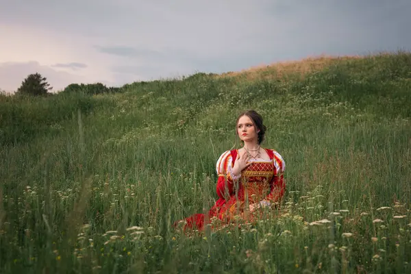 Portret Księżniczki Fantasy Średniowiecznej Dziewczyny Czerwonej Sukience Vintage Kobieta Siedząca — Zdjęcie stockowe