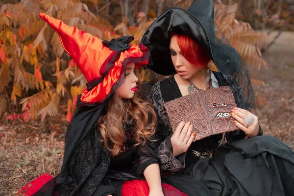 2人の魔女 母と娘 黒と赤のドレスを着て 秋の森に座って本を読んでハロウィーンの衣装を指さした — ストック写真