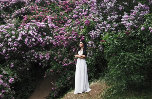ライラックの木の下に立っている美しいブルネットの女性の春の屋外肖像画 — ストック写真