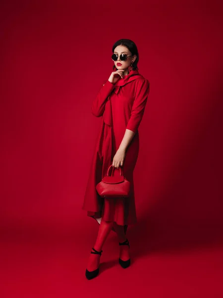 Общий Красный Стиль Стиль Моды Студии Портрет Великолепной Молодой Брюнетки — стоковое фото