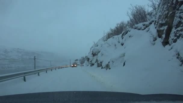 Driving Wintry Roads Kvaloya Island Tromsoe Norway Grotfjord December — Stock Video