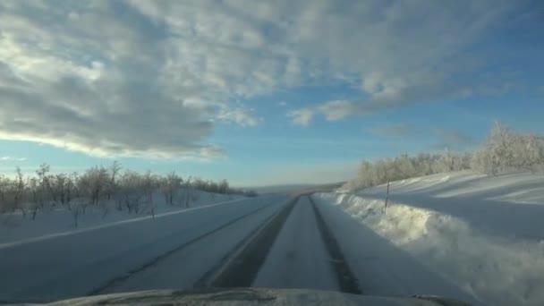 Jazda Zimą Autostradą E45 Między Altą Kautokeino Słońcu Norwegii — Wideo stockowe