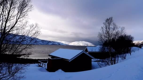Tengerpart Házzal Ringvassoya Sziget Télen Norvégia — Stock videók