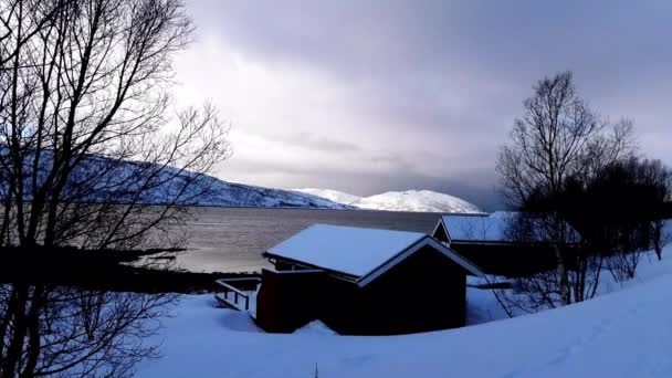 Costa Com Casa Ilha Ringvassoya Inverno Noruega — Vídeo de Stock