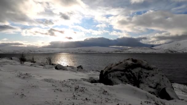 Зимовому Узбережжі Острові Рінгвасоя Норвегія Грудні — стокове відео