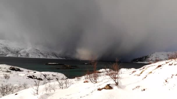 Aan Winterse Kust Het Eiland Ringvassoya Met Sneeuwwolken Noorwegen December — Stockvideo