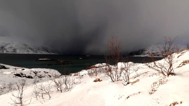 Costa Inverno Ilha Ringvassoya Com Nuvens Neve Noruega Dezembro — Vídeo de Stock