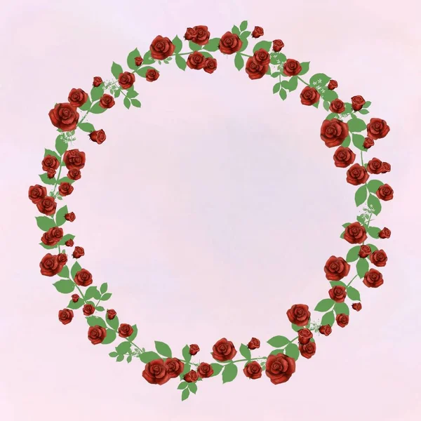 Rundrahmen Mit Blättern Und Rosen Auf Rosa Hintergrund — Stockfoto
