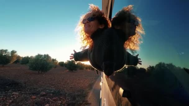 幸せな美しい若い女性が世界中の道路や目的地を見て車の中で旅行 夢のような明るい女性のコンセプトは 日没時に太陽の下でテネリフェ島を旅行します — ストック動画