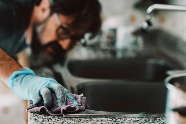Close View Man Cleaning Hard Kitchen Surface Home Female Usually — Stock Photo, Image