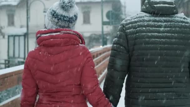 Couple Tenant Main Sous Ville Neige Pendant Les Vacances Hiver — Video