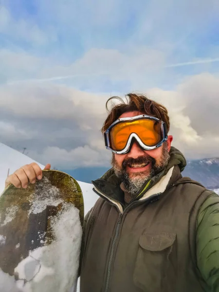 Happy Man Tourist Snow Mountain Taking Selfie Picture Adult Mature — 图库照片